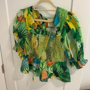 FARM RIO VINTAGE TOUCANS SMOCKED BLOUSE M
